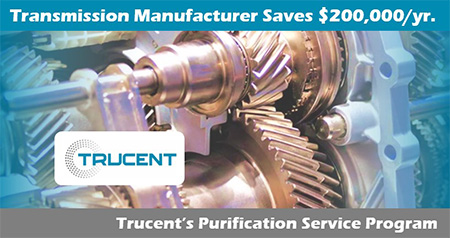 Closeup of gears with the words Transmission Manufacturer Saves $200,000/yr. and Trucent's Purification Service Program