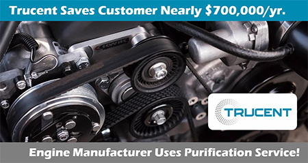 Car engine with Trucent logo over it; blue bar above it with the words Trucent Saves Customer Nearly $700,000/yr.